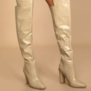 Rowee Light Nude Crocodile-Embossed Over the Knee Boots